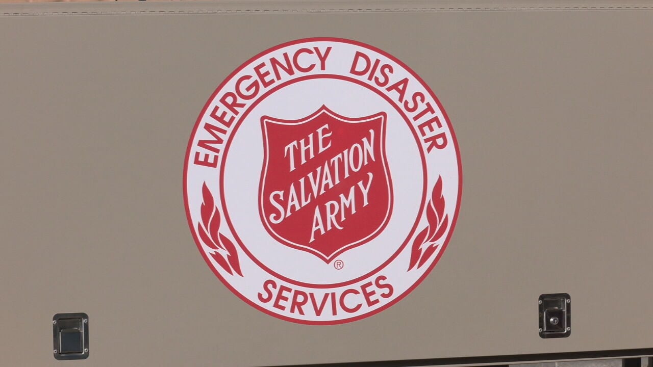 Salvation Army logo on temporary shelter